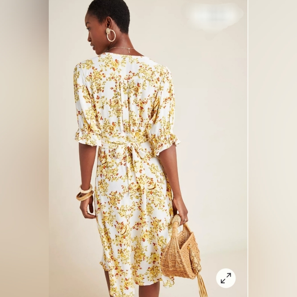 Anthropologie Faithfull the Brand Rafa Yellow and Red Floral Crepe Midi Dress,XS - Picture 2 of 12